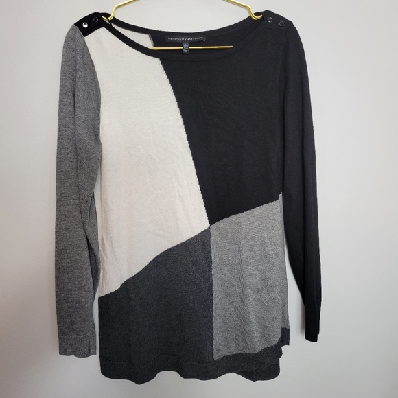 Large WHBM White House Black Market Colorblock Neutral White Black Gray Sweater - Picture 1 of 6